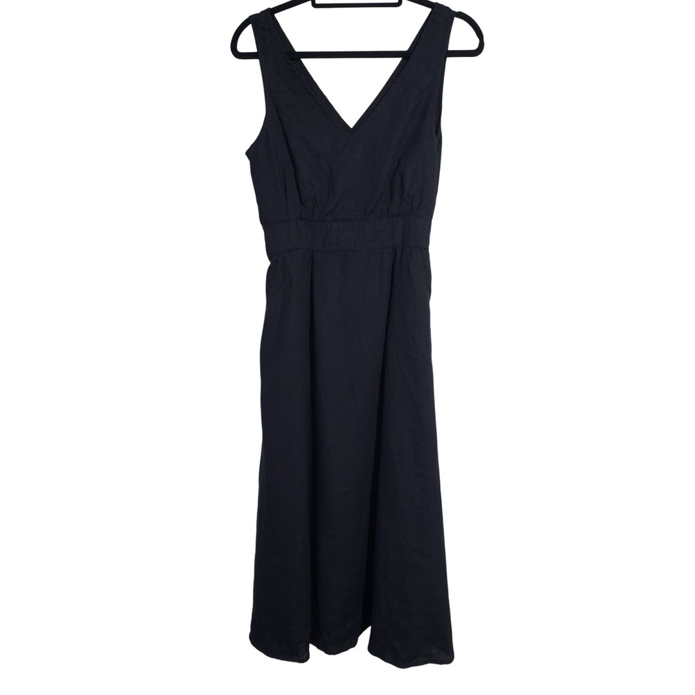 Cynthia Rowley Black Linen VNeck Smocked Waist Midi Dress Size 6 Long Sundress‎